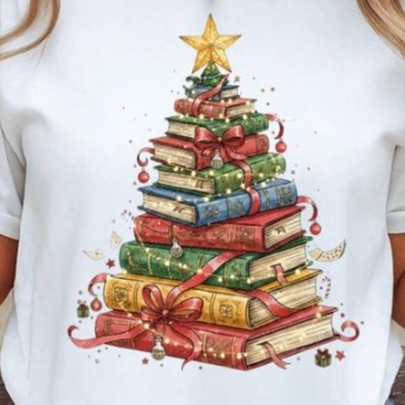 Christmas Tree Tee, Book Lover Tee, Cute Book Stack Tree - Picture 2 of 4